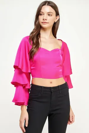 Fuchsia Trumpet Sleeve Satin Crop Top Blouse