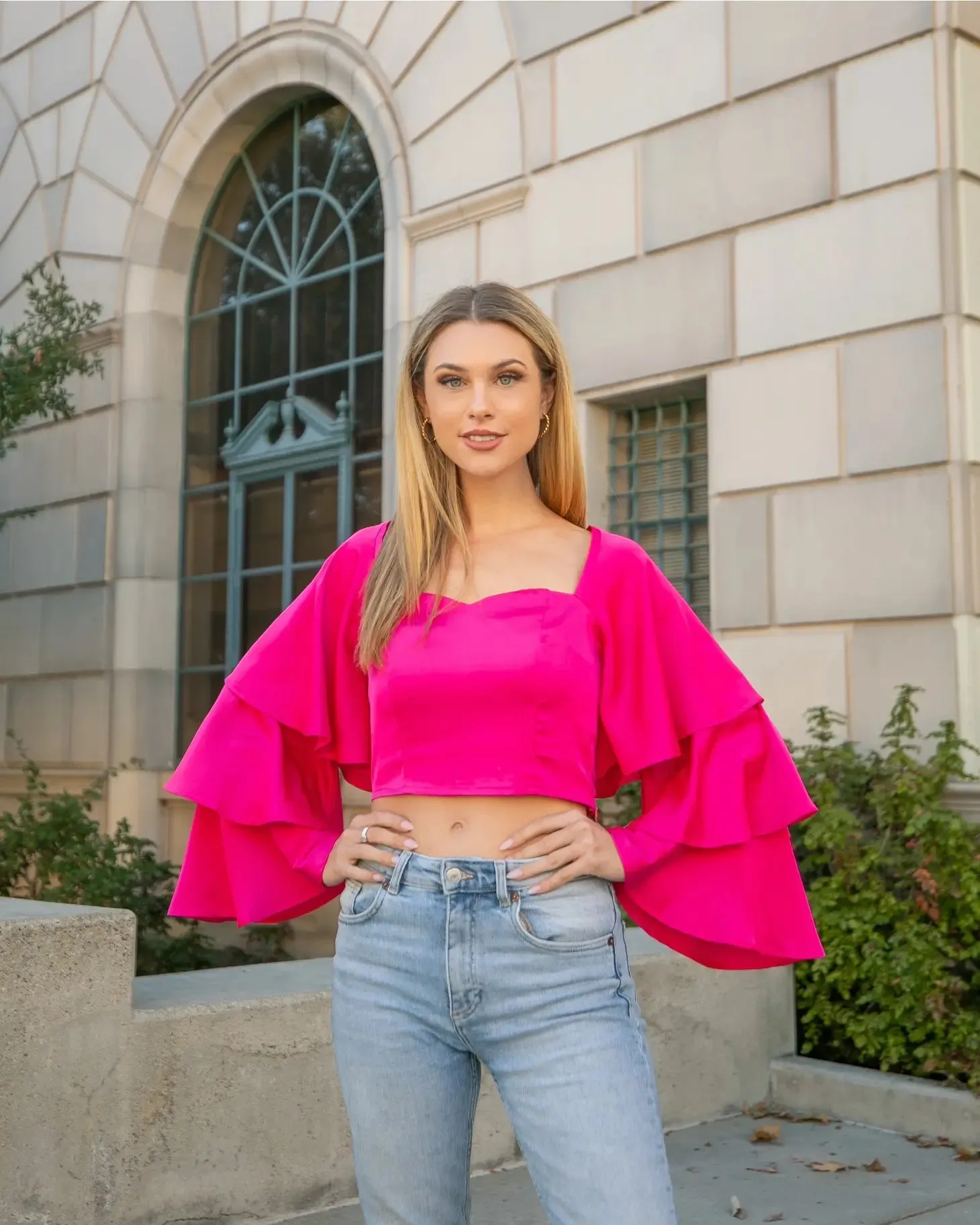 Fuchsia Trumpet Sleeve Satin Crop Top Blouse