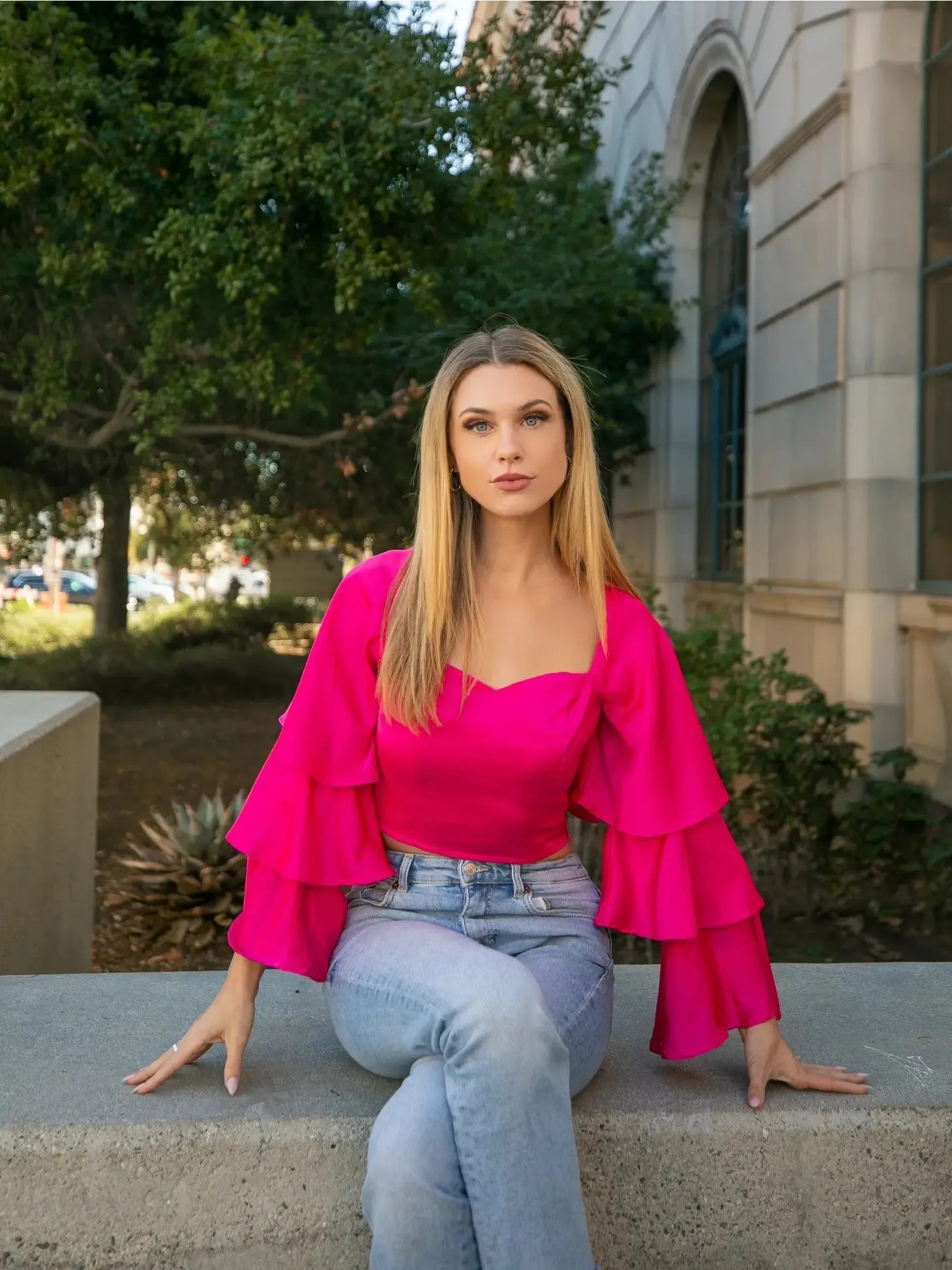 Fuchsia Trumpet Sleeve Satin Crop Top Blouse