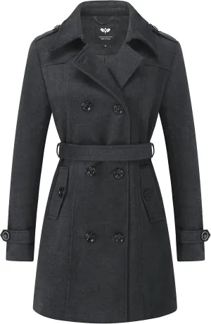 GGleaf Women's Classic Double Breasted Pea Coat Winter Mid-Long Slim Trench Coat with Belt