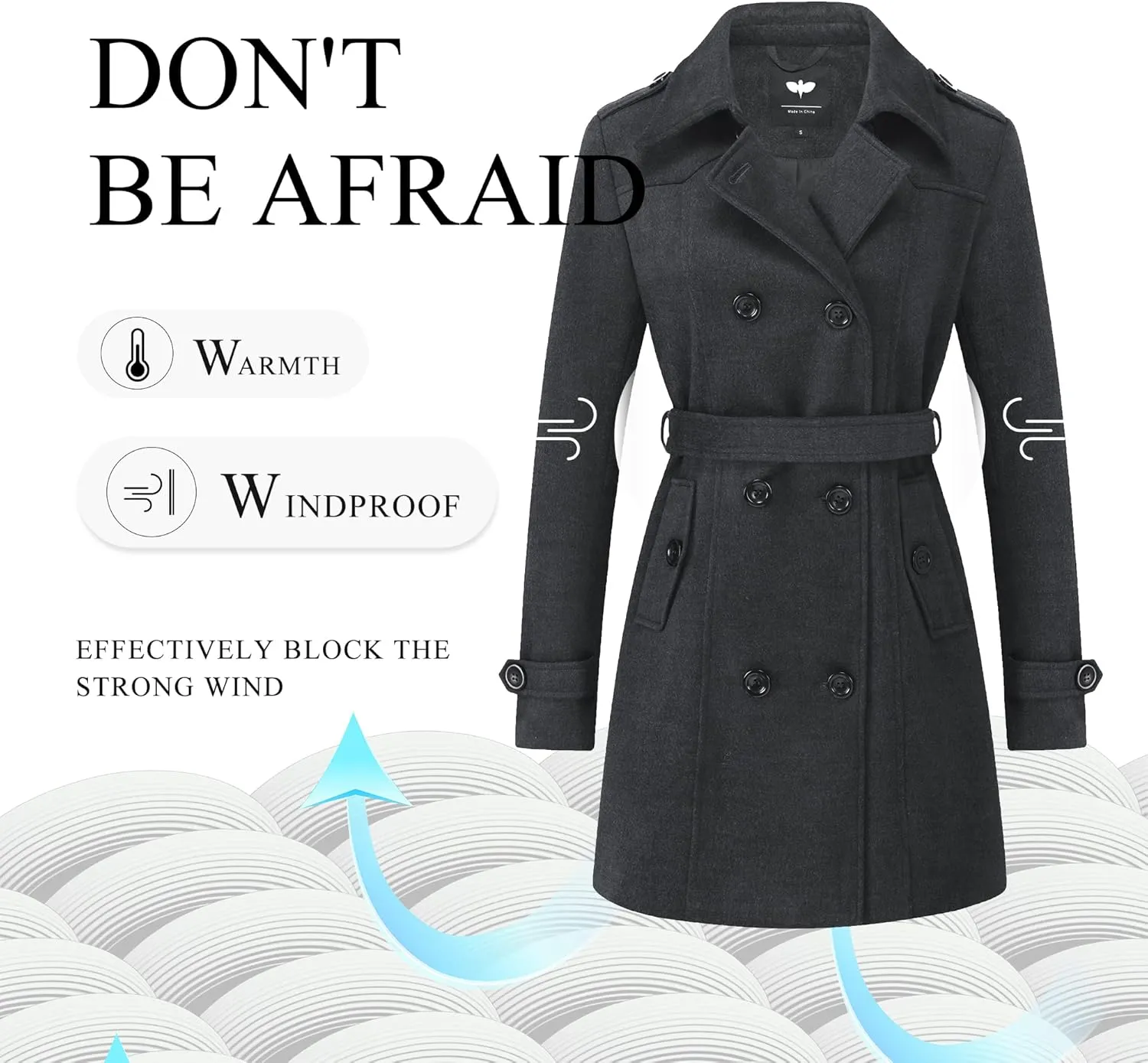 GGleaf Women's Classic Double Breasted Pea Coat Winter Mid-Long Slim Trench Coat with Belt