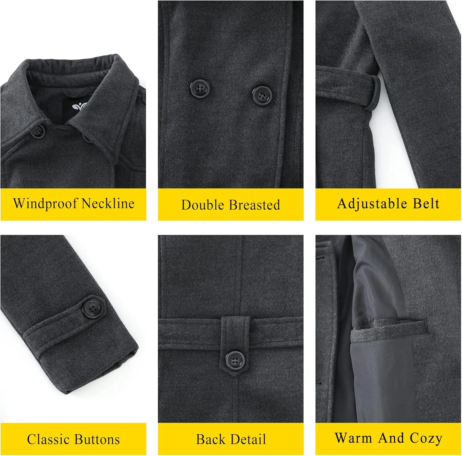 GGleaf Women's Classic Double Breasted Pea Coat Winter Mid-Long Slim Trench Coat with Belt