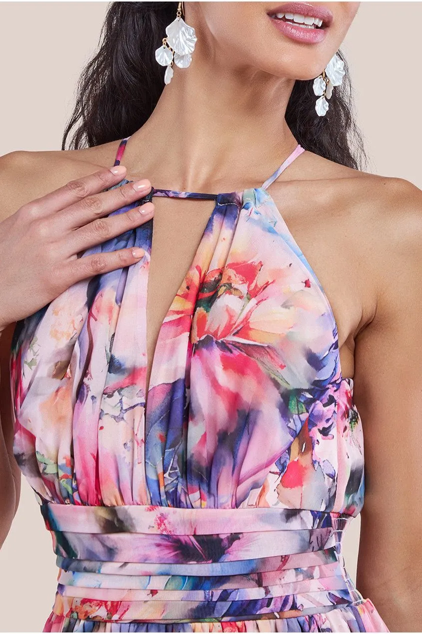 Goddiva Floral Printed Chiffon Halter Maxi Dress - Blush Floral