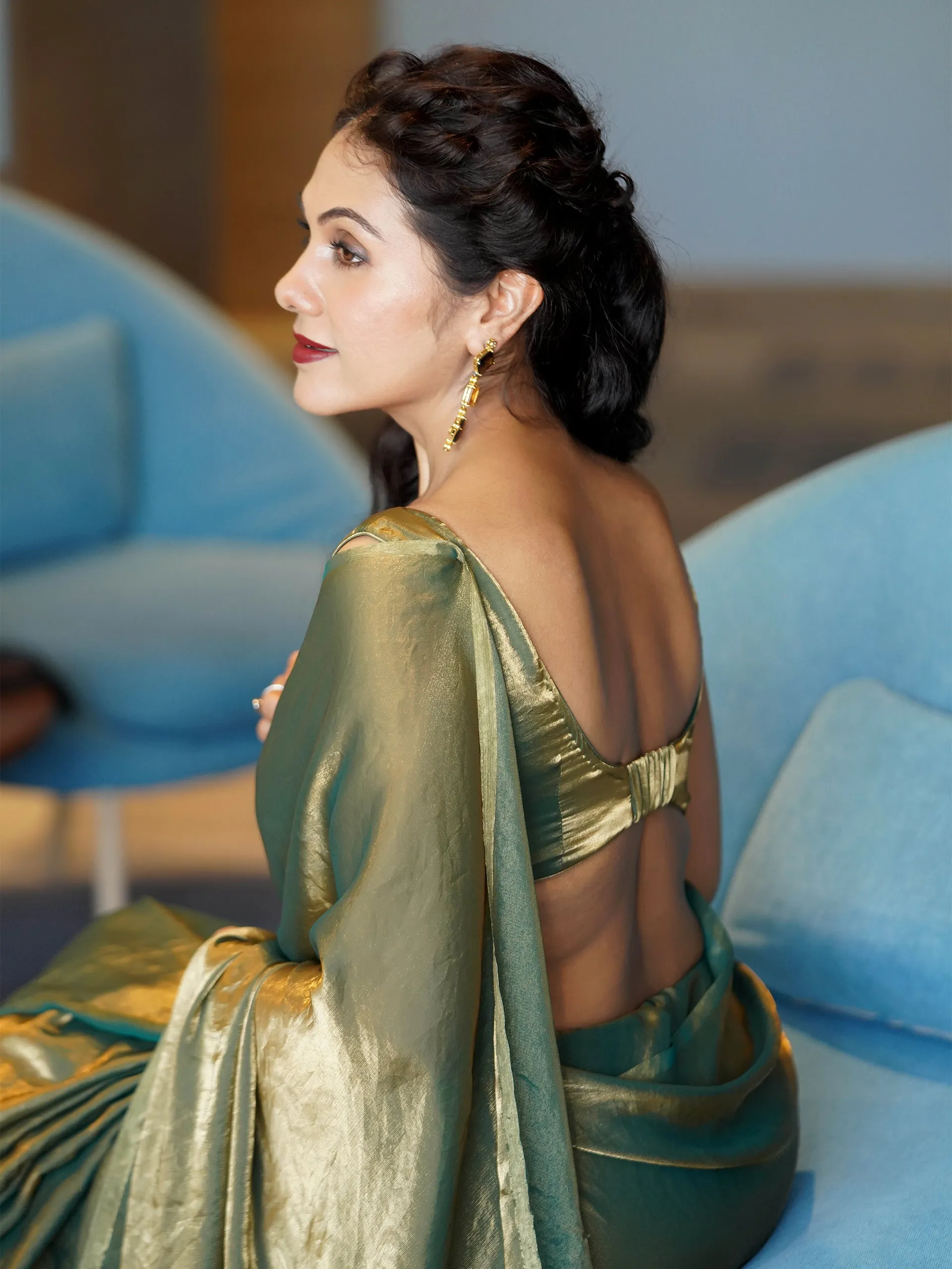 Green Copper Metallic Satin Saree with Leaf Sequins  and Blouse Fabric