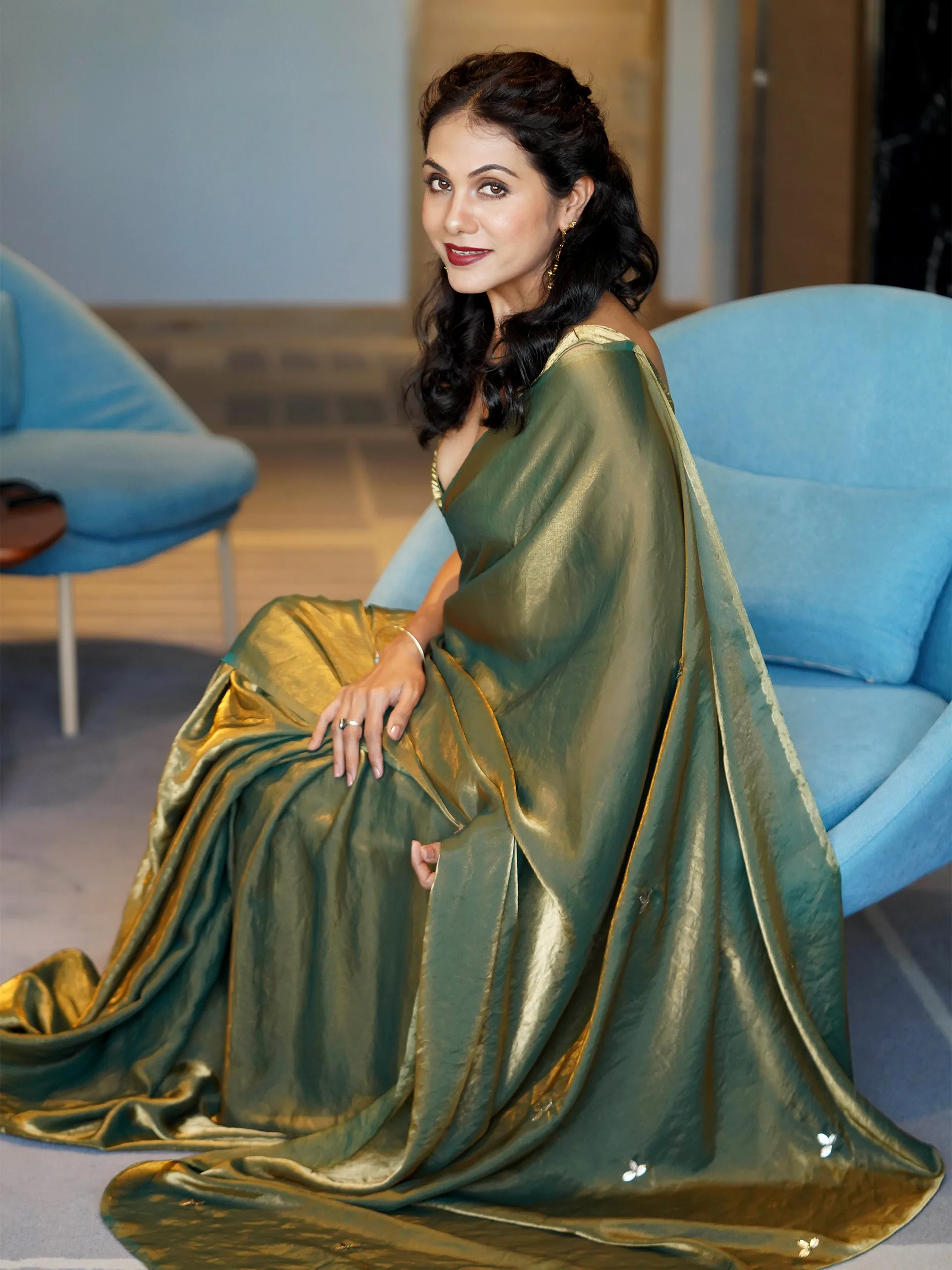 Green Copper Metallic Satin Saree with Leaf Sequins  and Blouse Fabric