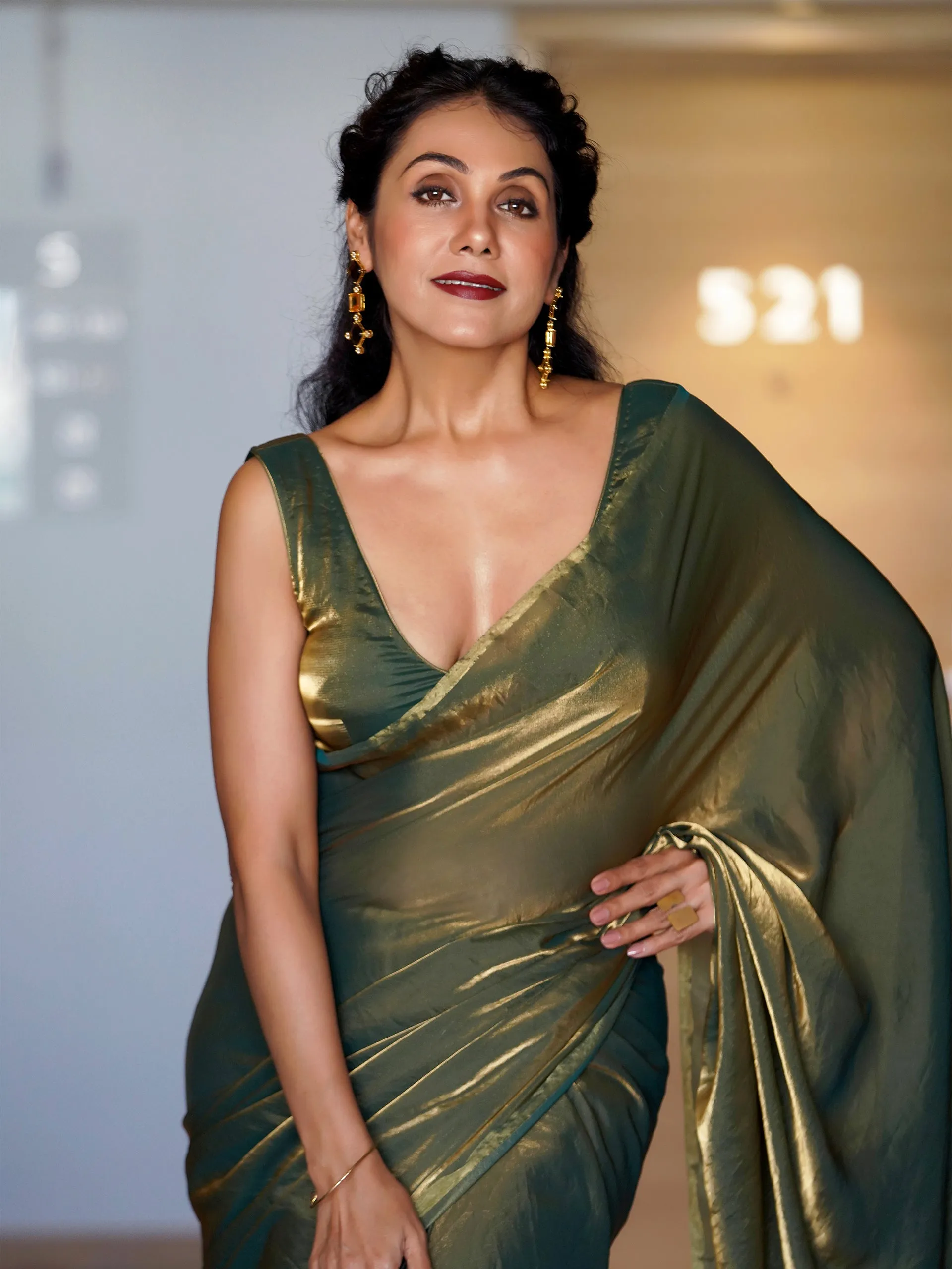 Green Copper Metallic Satin Saree with Leaf Sequins  and Blouse Fabric