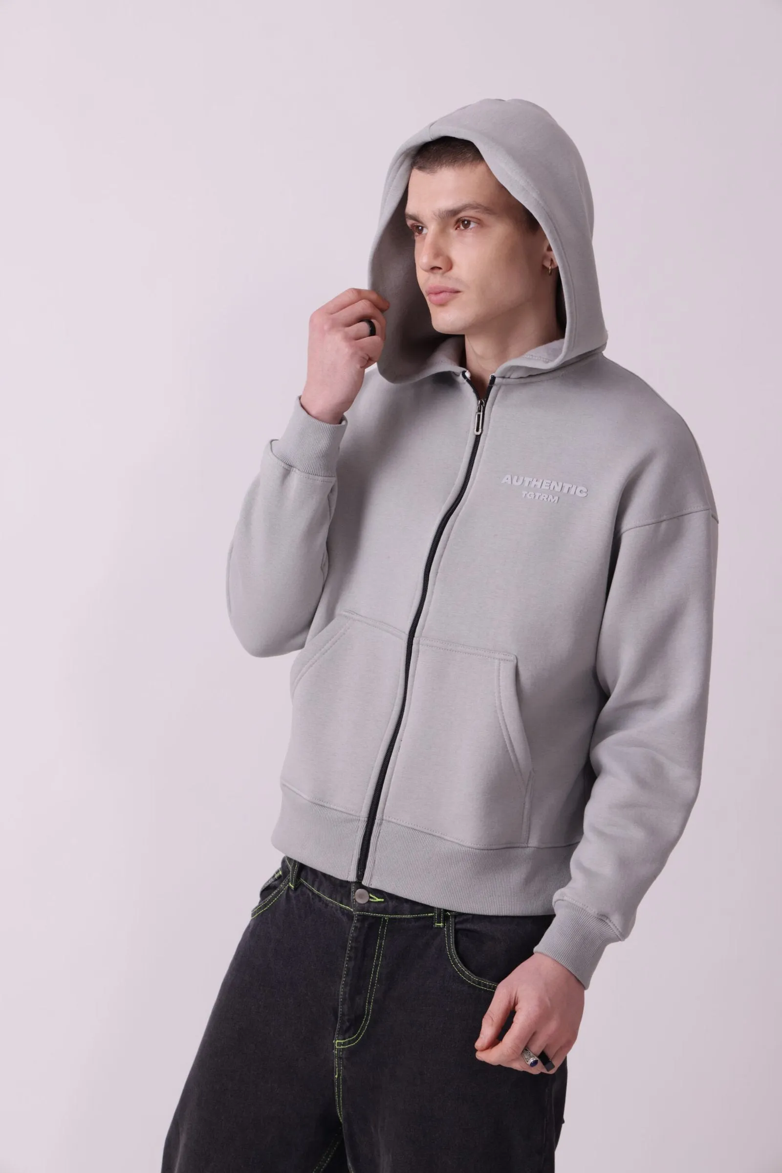 Grey Oversized Zipper Hoodie for Men