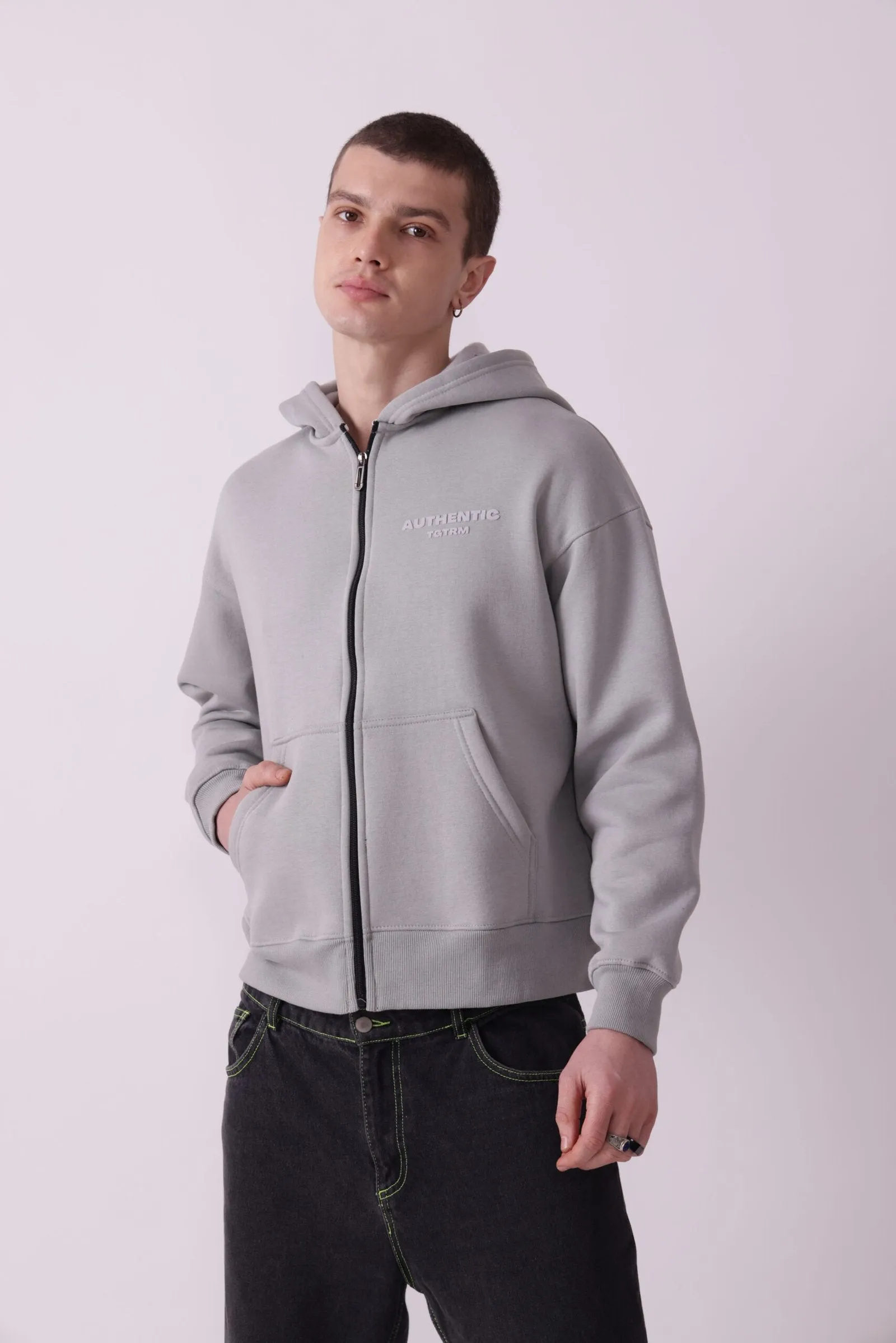 Grey Oversized Zipper Hoodie for Men