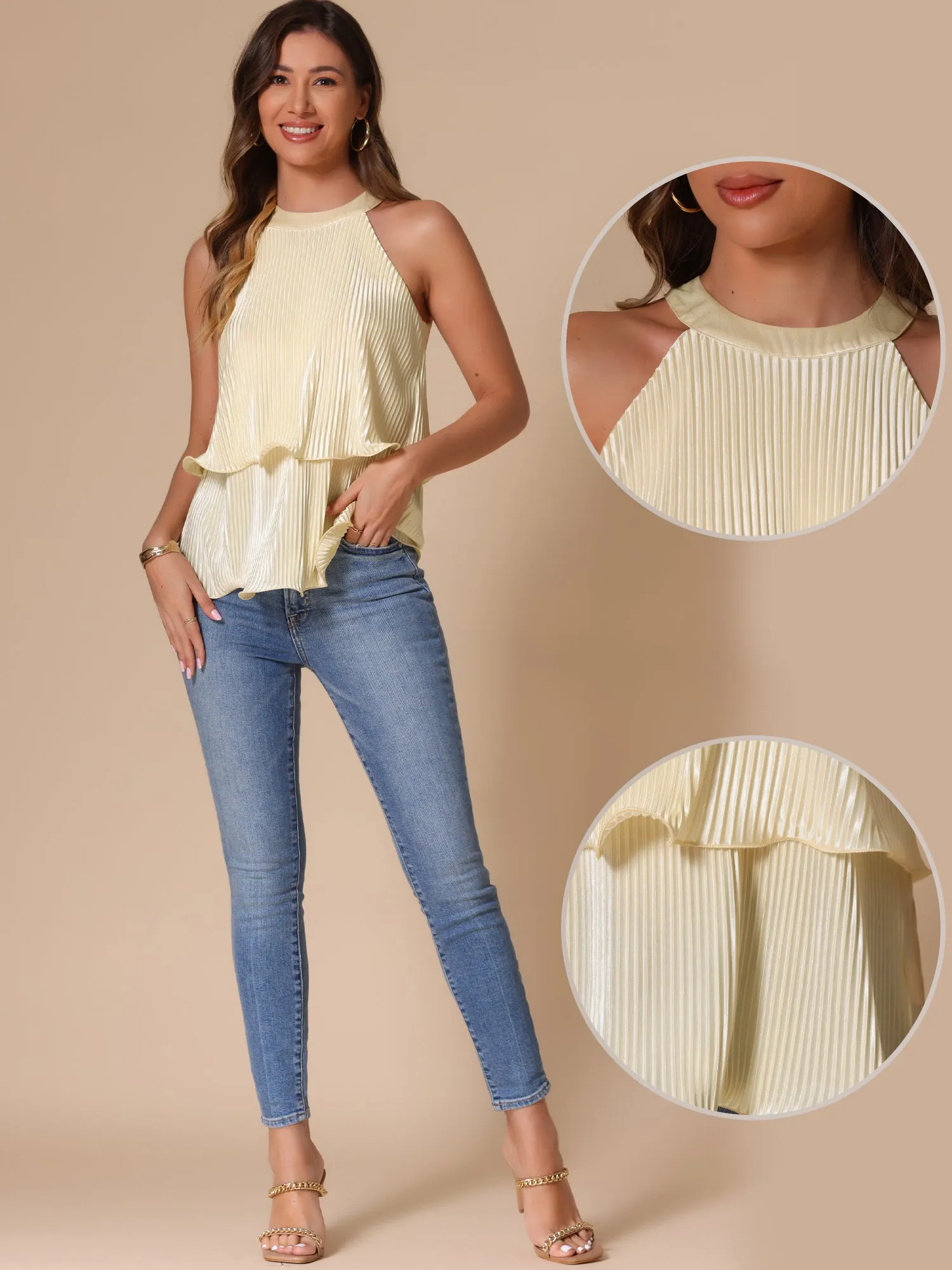 Halter Ruffle Pleated Tiered Layered Flowy Blouse