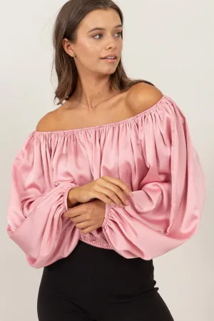 HF24F930-OFF-SHOULDER SATIN BALLOON SLEEVE TOP