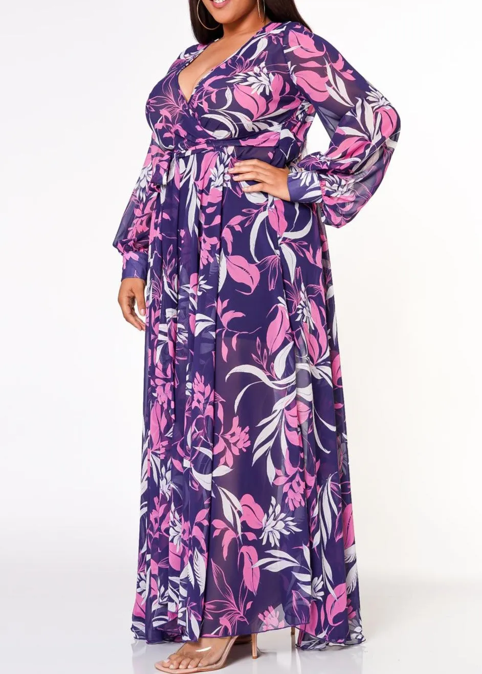Hi Curvy Plus Size Women Floral Leaf Pattern Flare Maxi Dress