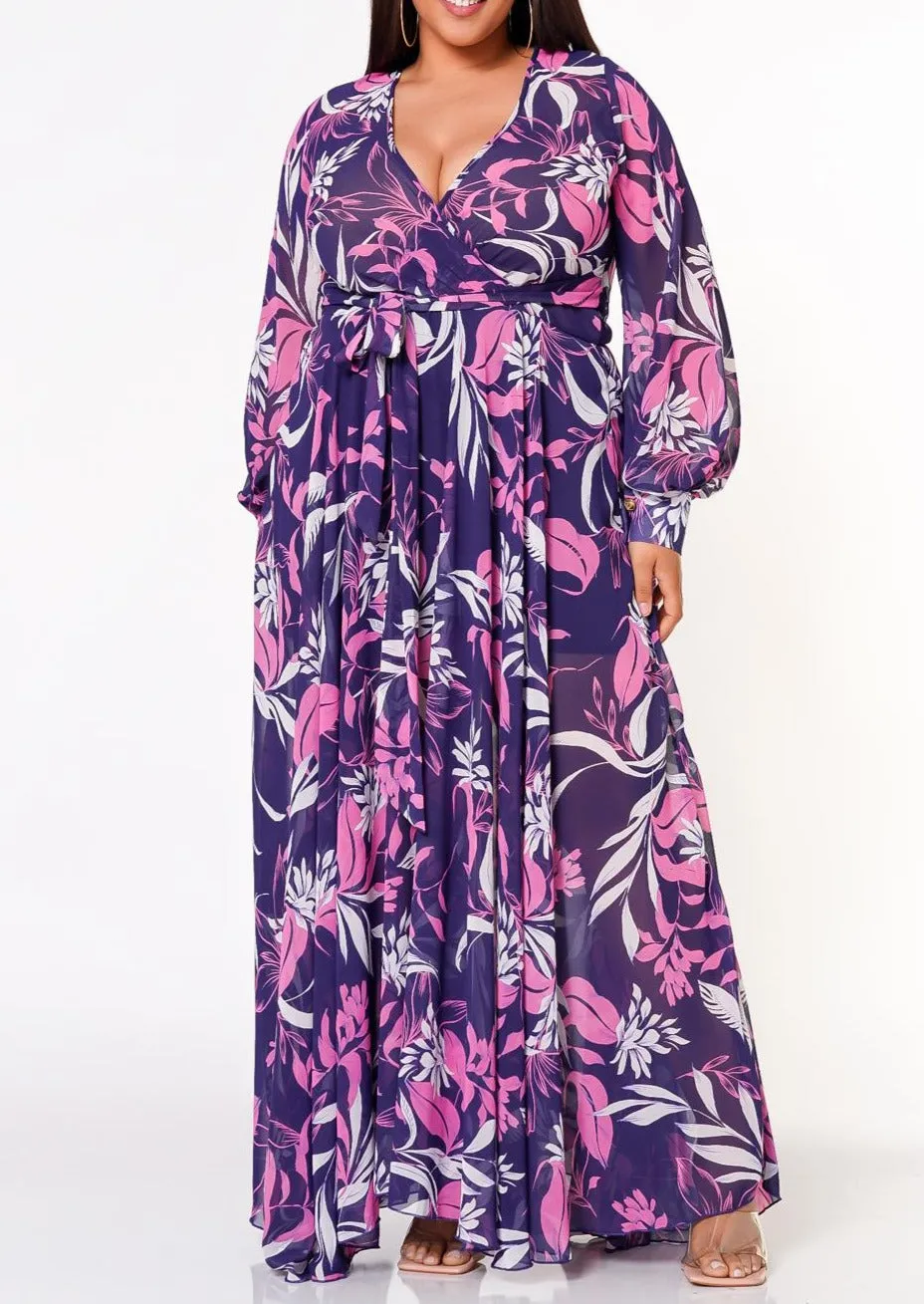Hi Curvy Plus Size Women Floral Leaf Pattern Flare Maxi Dress