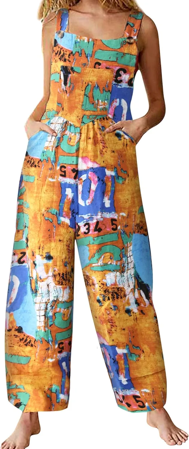 Himosyber Women's Patchwork Dual Pocket Jumpsuit Loose Floral Print Bohemian Wide Leg Bib Overall
