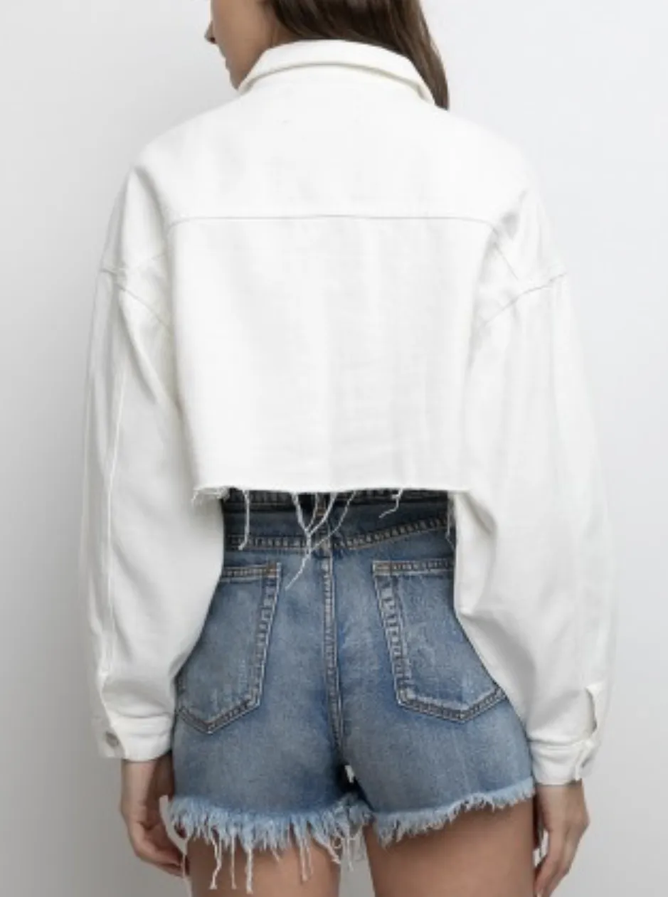 Jean Drop Shoulder Fray Hem Cropped Denim Jacket