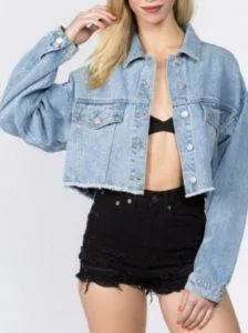Jean Drop Shoulder Fray Hem Cropped Denim Jacket
