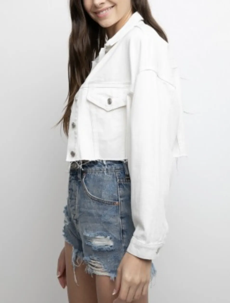 Jean Drop Shoulder Fray Hem Cropped Denim Jacket