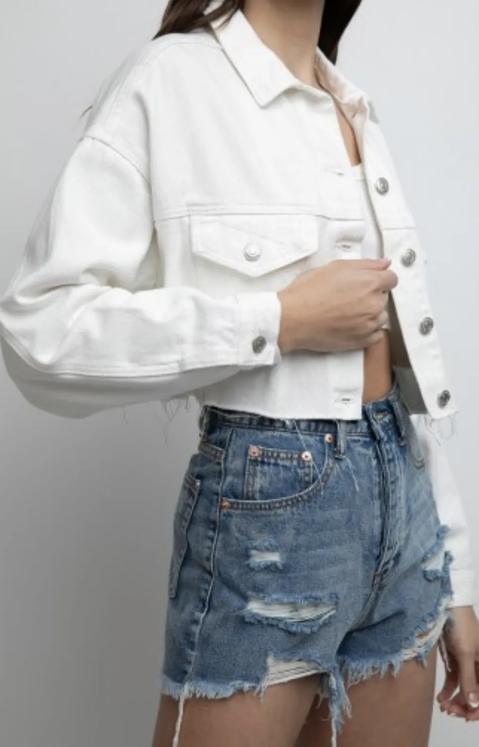 Jean Drop Shoulder Fray Hem Cropped Denim Jacket