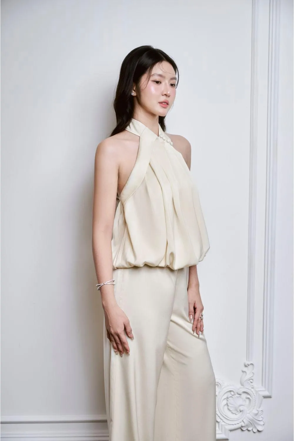 Kaena Blouson Wide Leg Charmeuse Silk Floor Length Jumpsuit