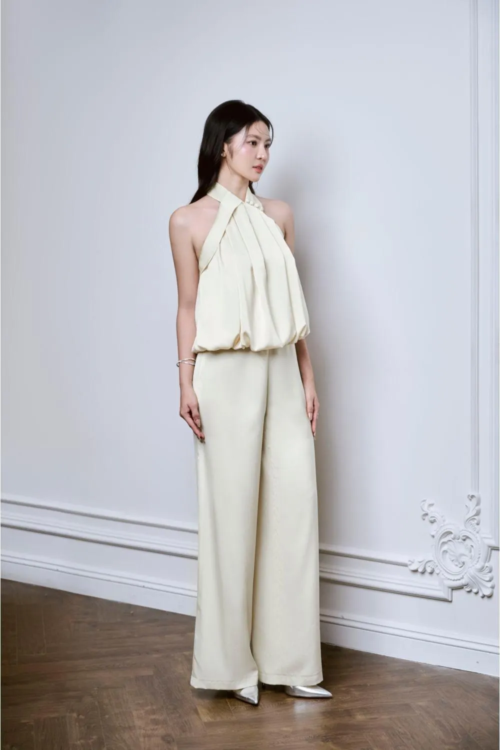 Kaena Blouson Wide Leg Charmeuse Silk Floor Length Jumpsuit