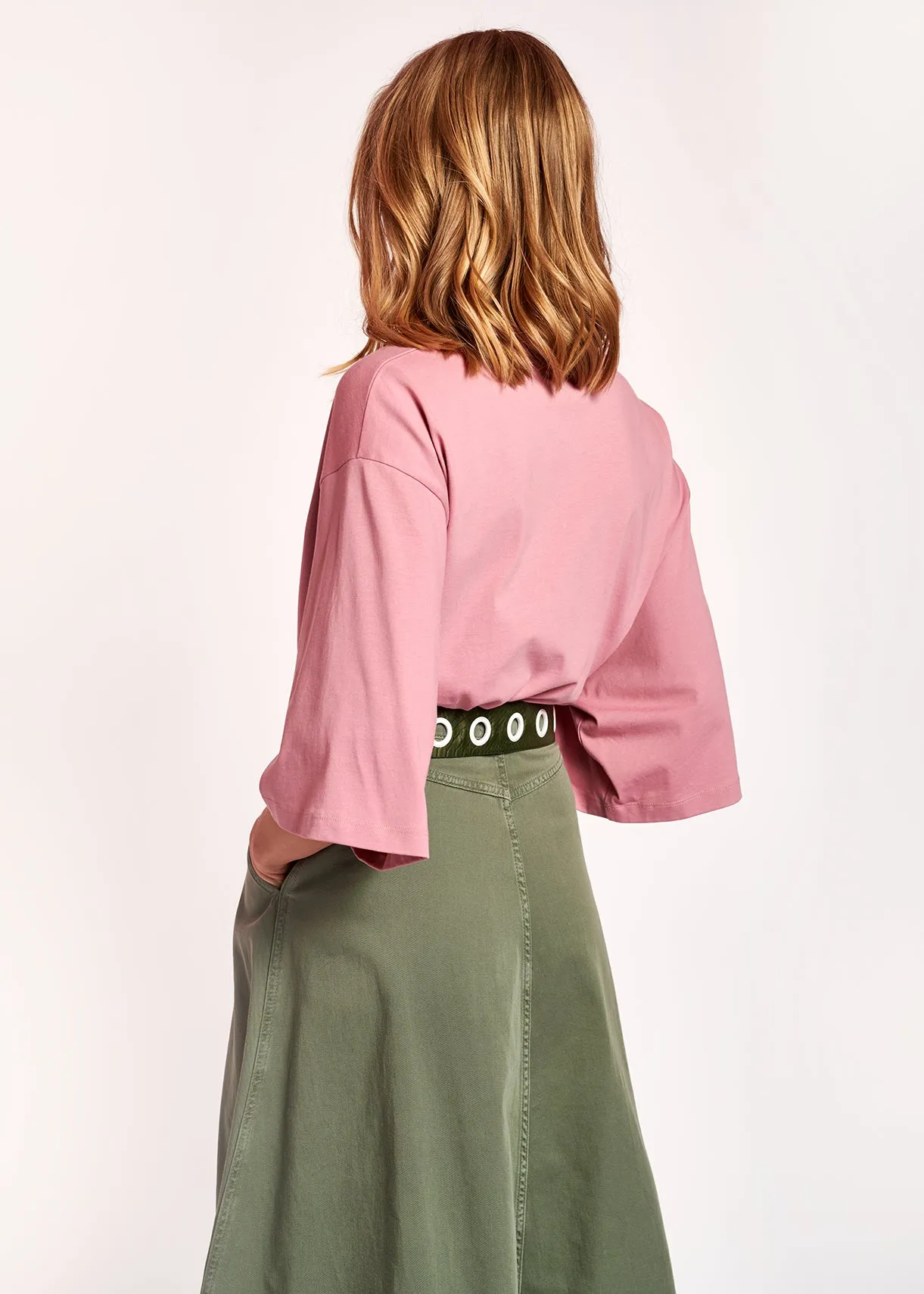 Khaki green cotton pleated midi skirt
