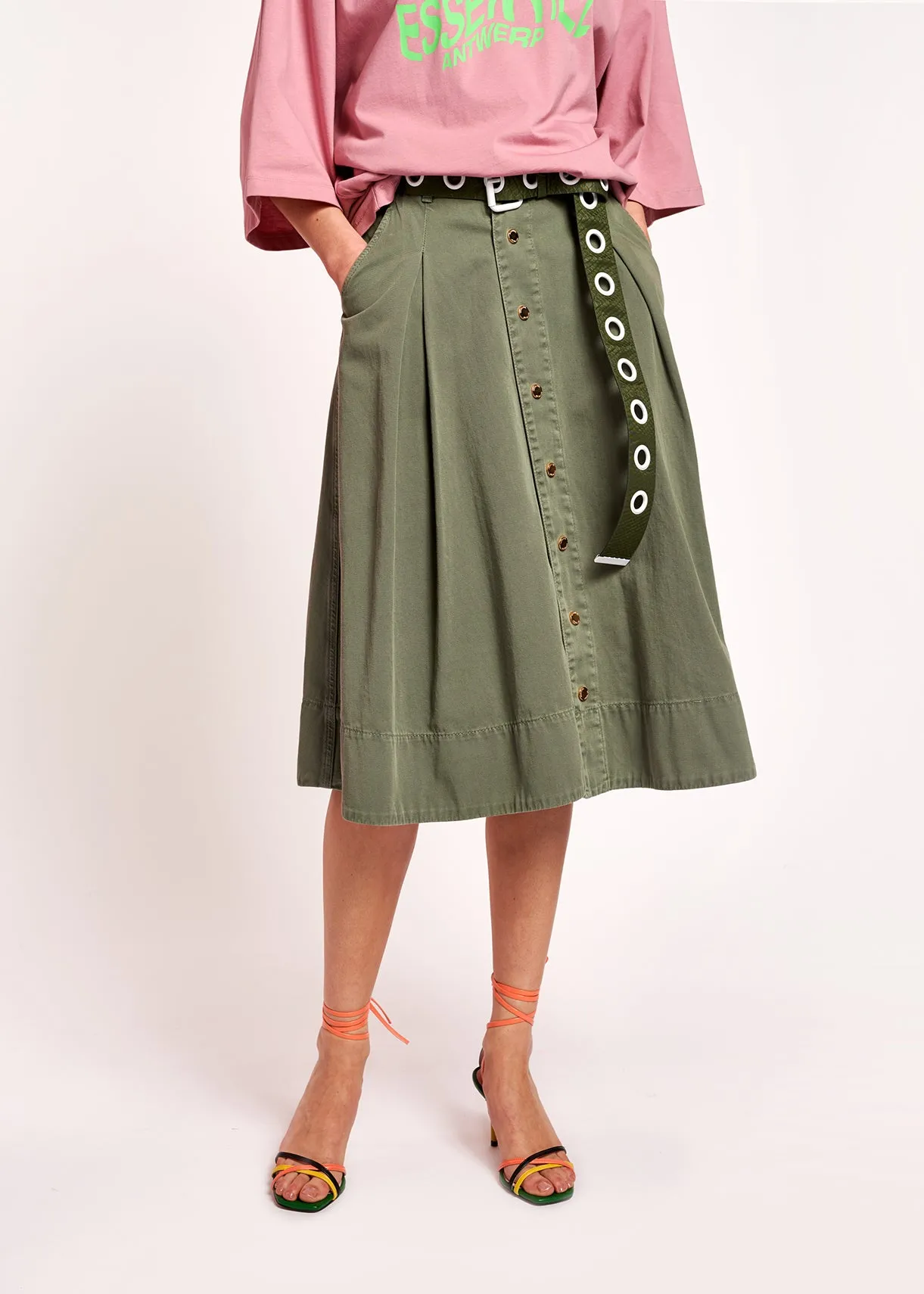 Khaki green cotton pleated midi skirt