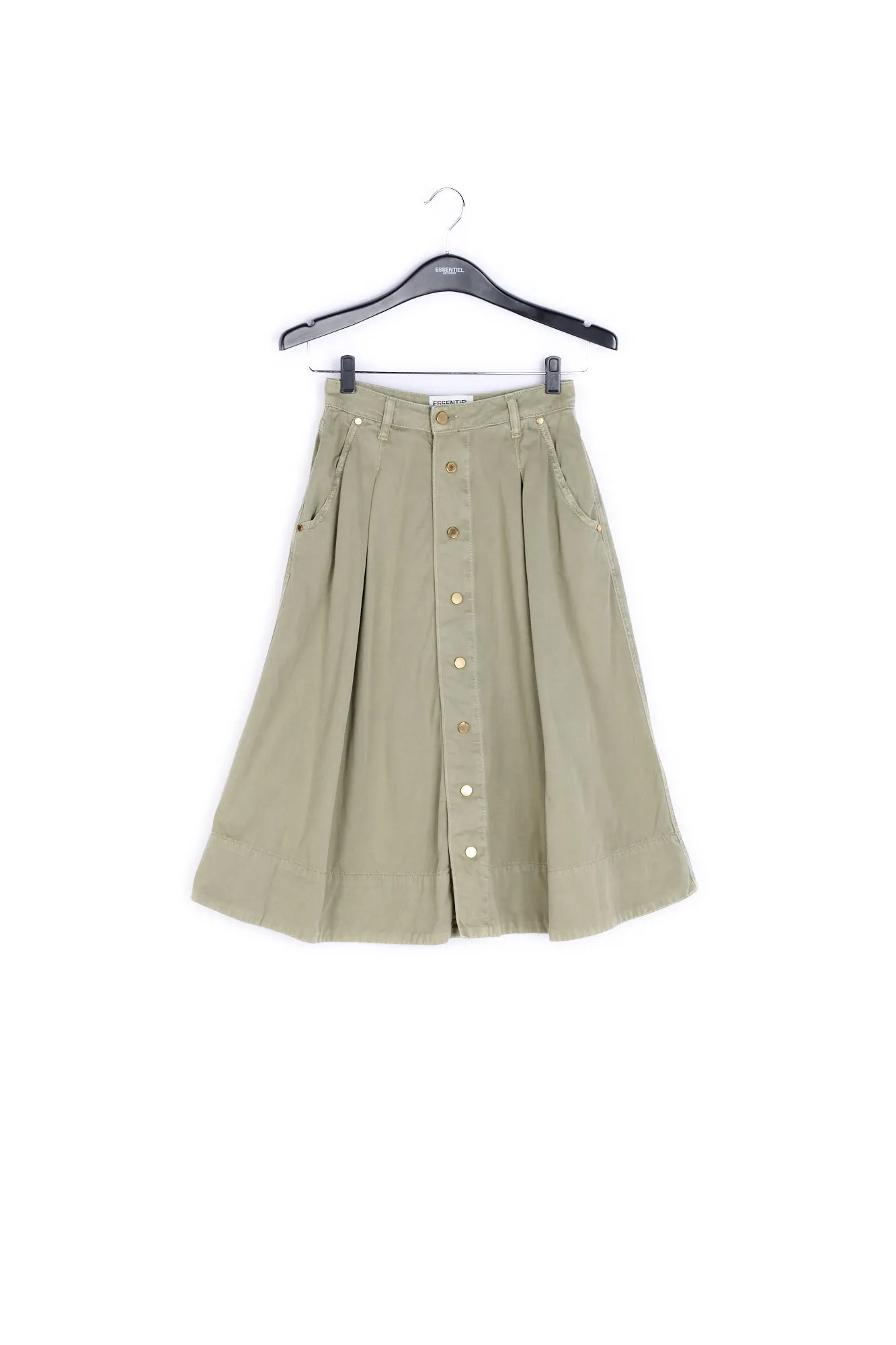 Khaki green cotton pleated midi skirt