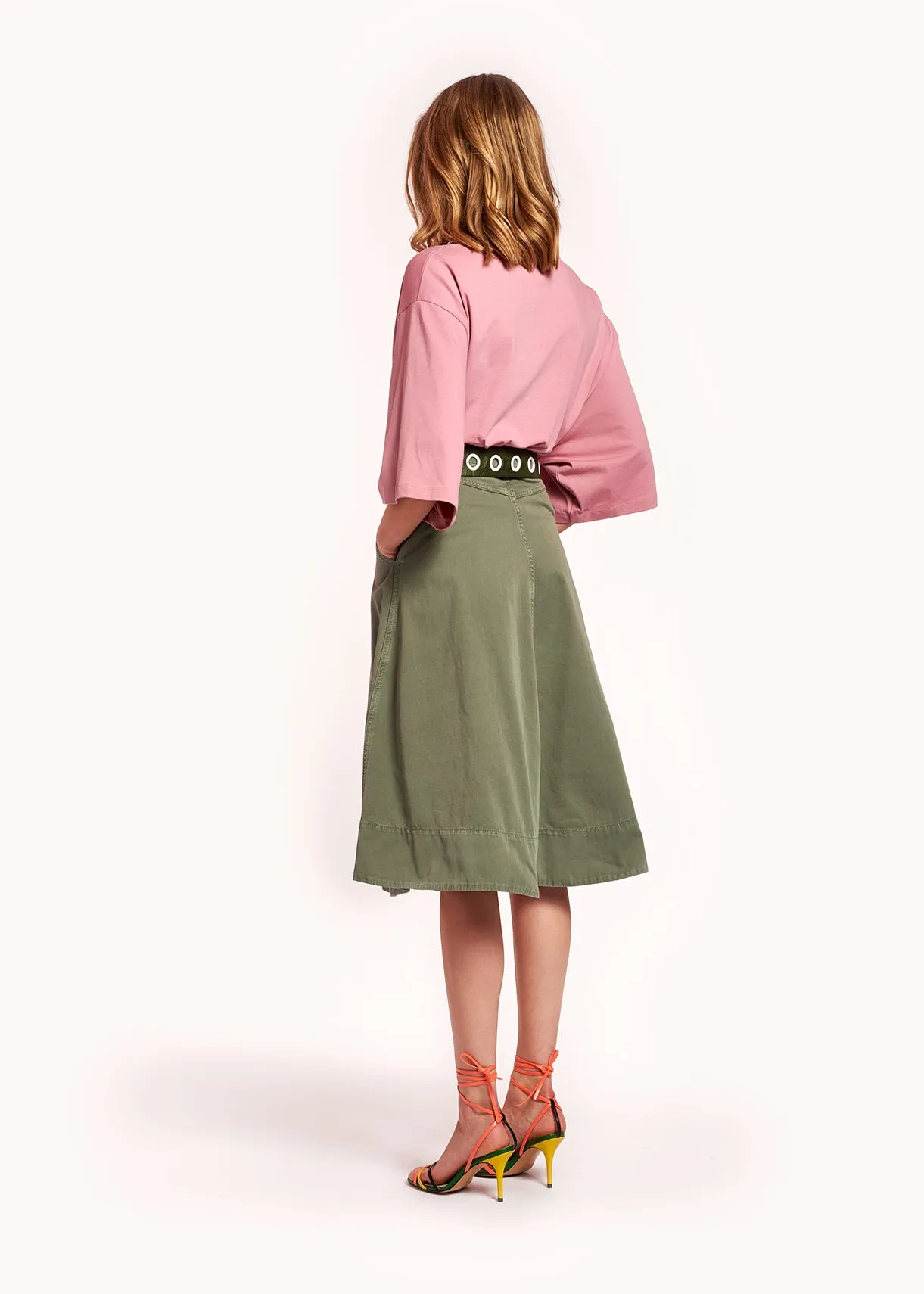Khaki green cotton pleated midi skirt