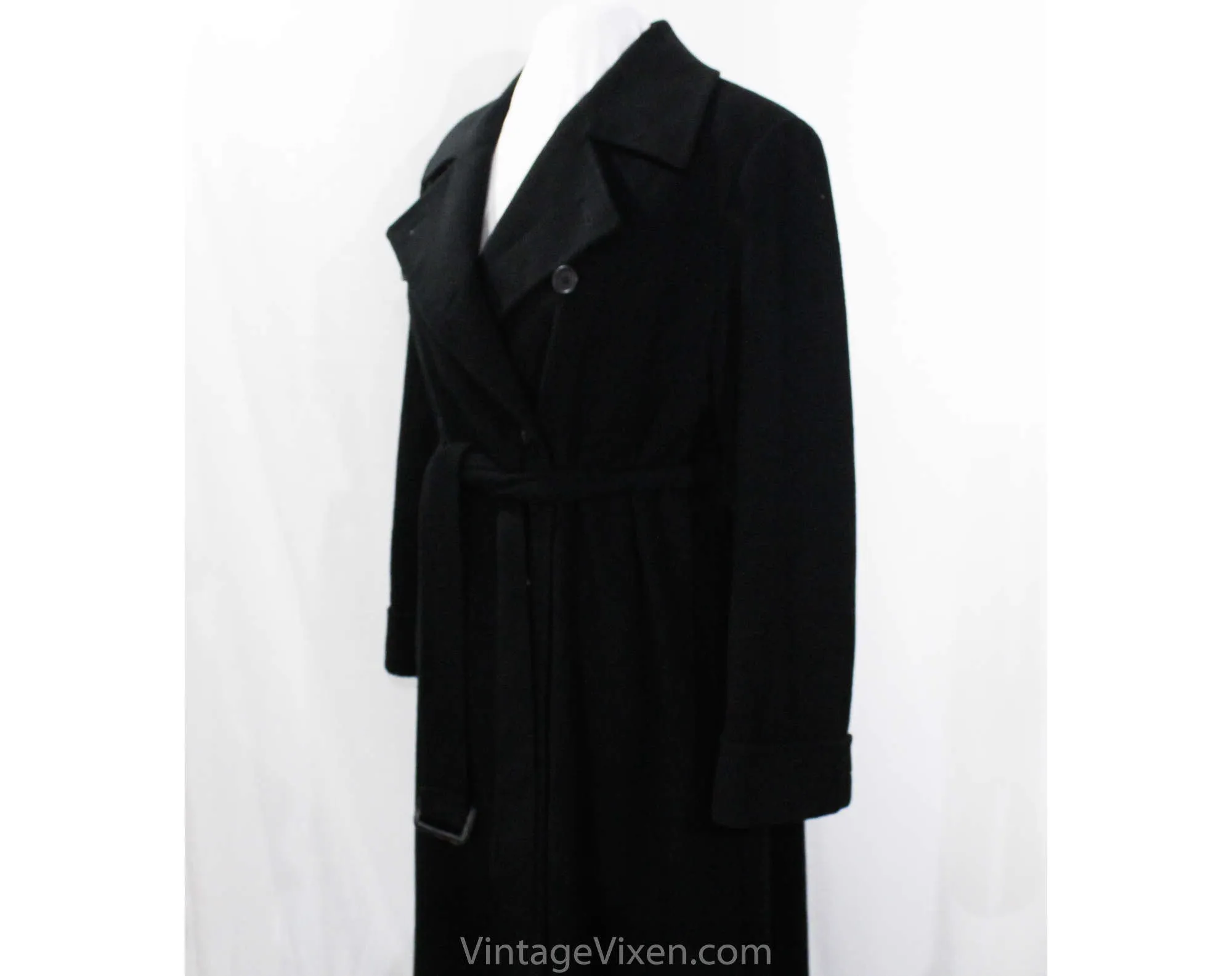 Large Calvin Klein Black Trench Coat - Size 14 1980s Designer Cashmere Blend Luxury Coat with Belt - Classic Fall Winter Overcoat - Bust 43