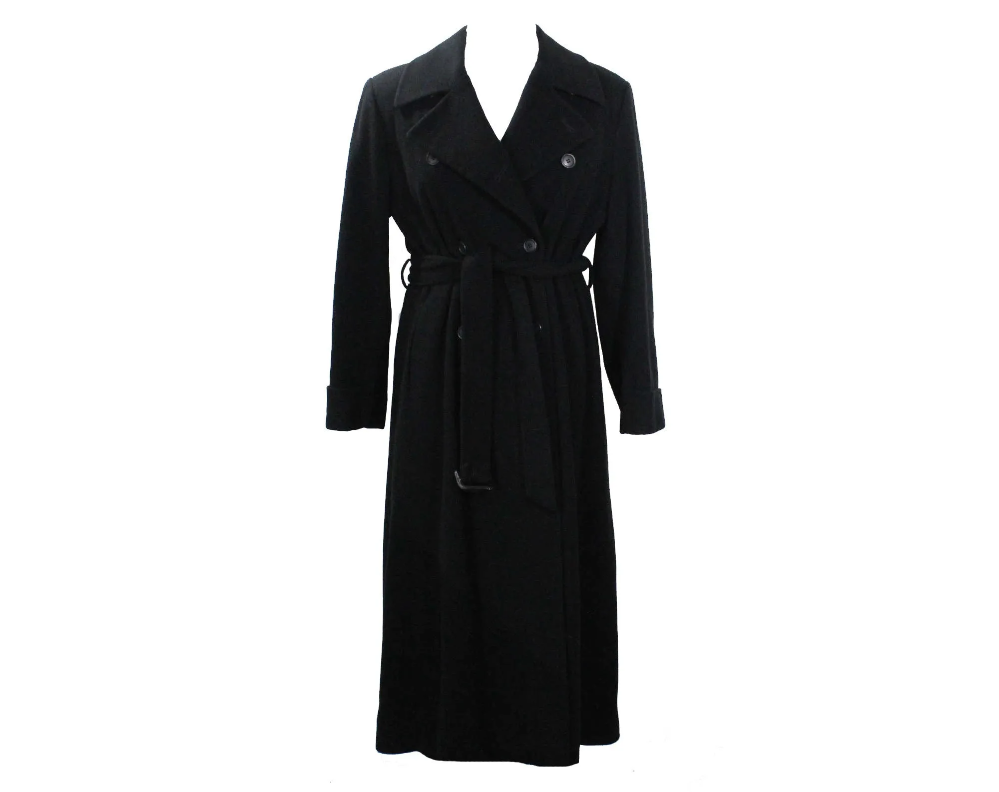 Large Calvin Klein Black Trench Coat - Size 14 1980s Designer Cashmere Blend Luxury Coat with Belt - Classic Fall Winter Overcoat - Bust 43