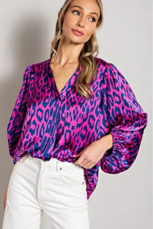 LEOPARD PATTERN V NECK LONG SLEEVE TOP