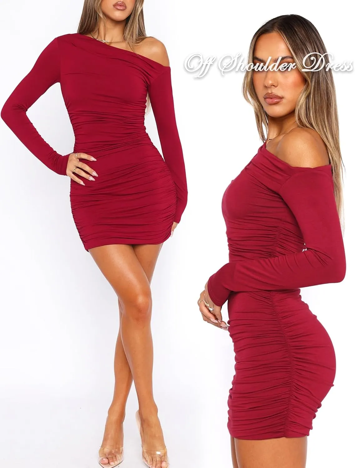 Long Sleeve Bodycon Off The Shoulder Dresses for Women Casual Fall Going Out Club Party Short Mini Dress Cute Ruched