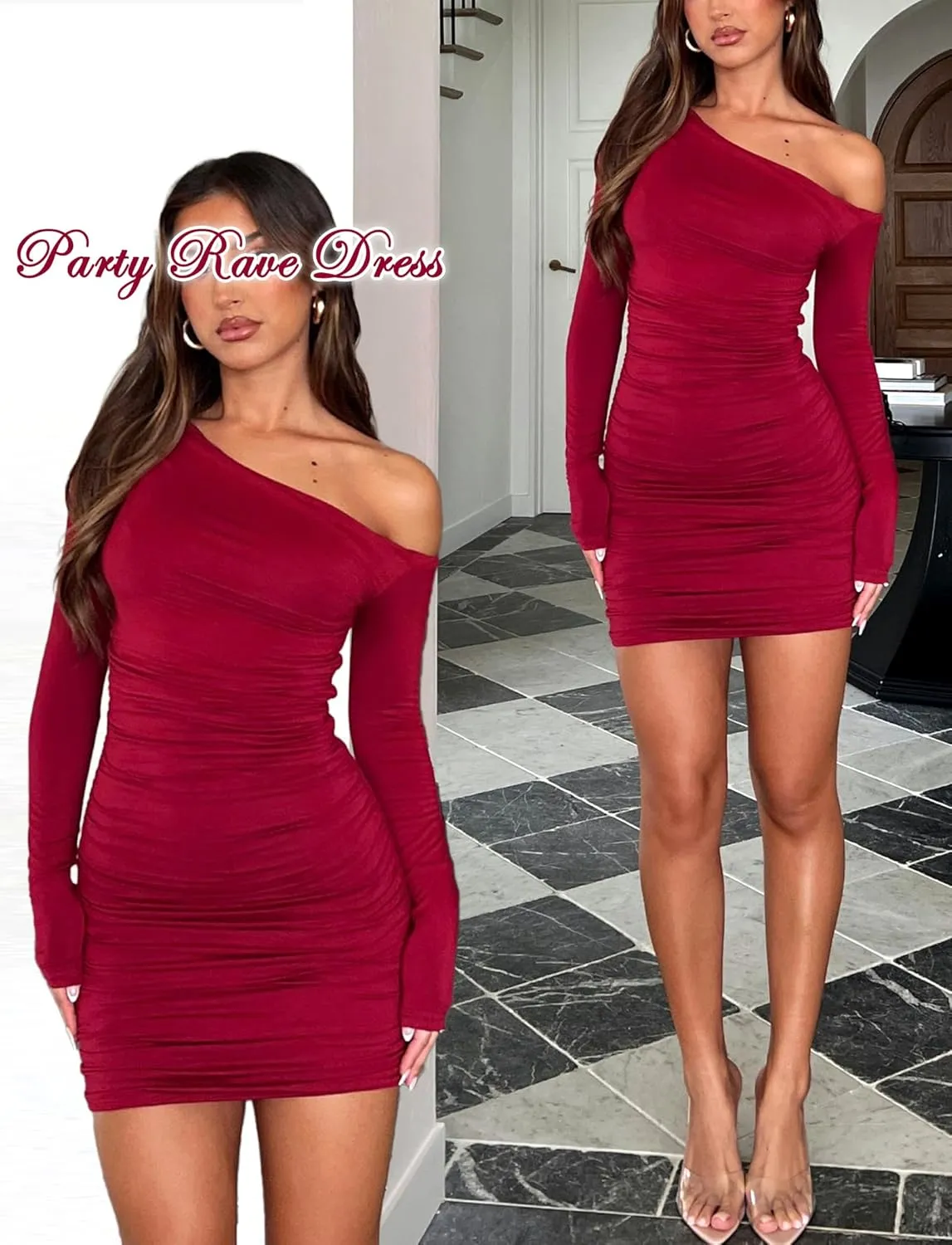 Long Sleeve Bodycon Off The Shoulder Dresses for Women Casual Fall Going Out Club Party Short Mini Dress Cute Ruched