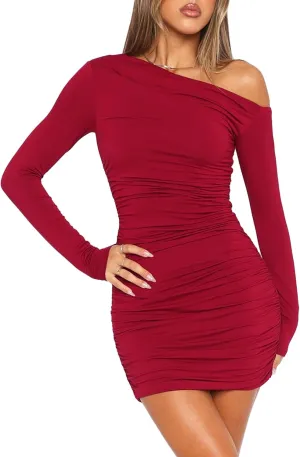 Long Sleeve Bodycon Off The Shoulder Dresses for Women Casual Fall Going Out Club Party Short Mini Dress Cute Ruched