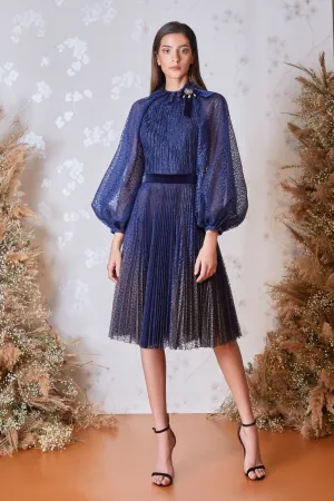 Long-Sleeved Pleated Top with Pleated Midi Skirt