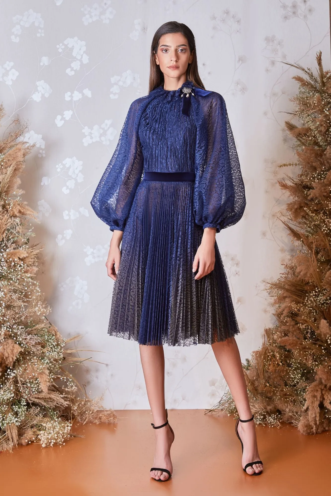 Long-Sleeved Pleated Top with Pleated Midi Skirt