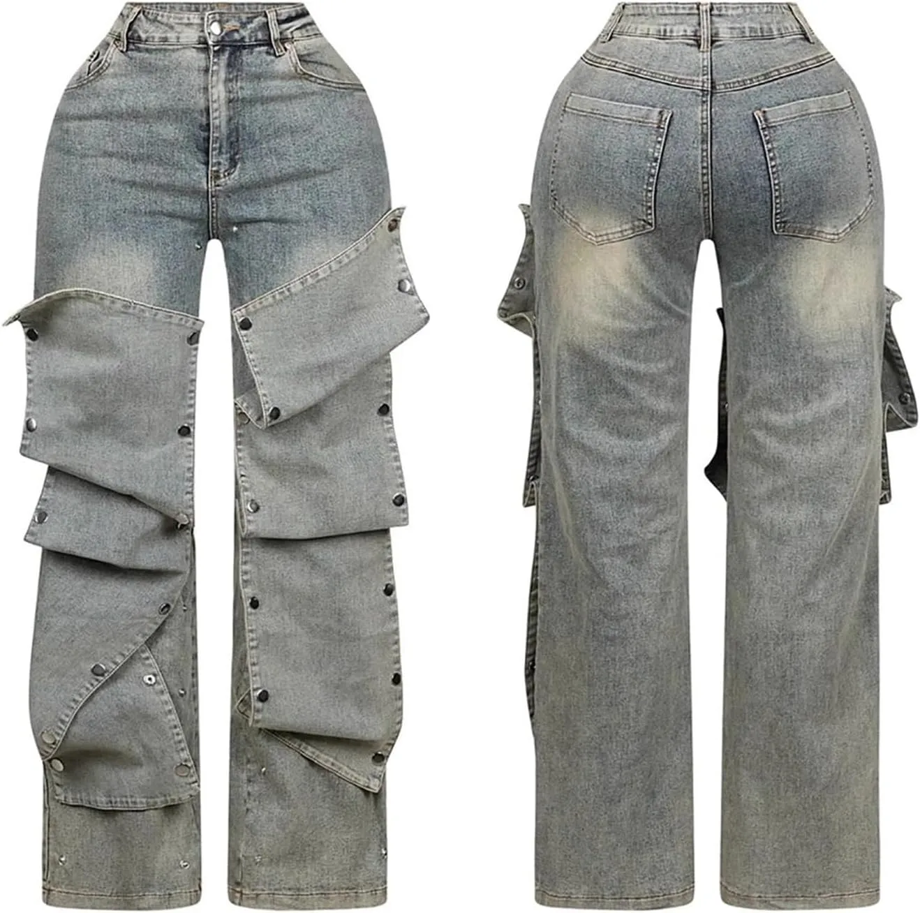 Lucuna Womens High Waisted Baggy Straight Leg Jeans Y2K Detachable Patchwork Asymmetrical Denim Pants Streetwear