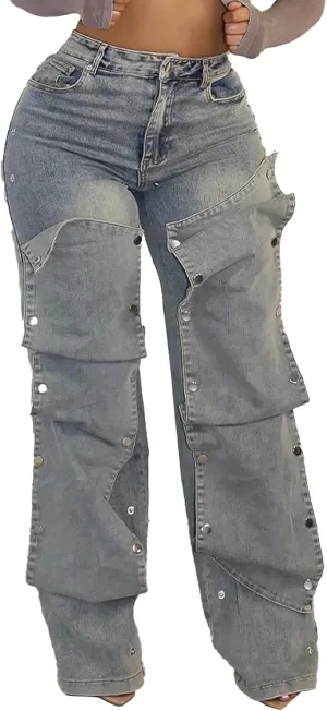 Lucuna Womens High Waisted Baggy Straight Leg Jeans Y2K Detachable Patchwork Asymmetrical Denim Pants Streetwear