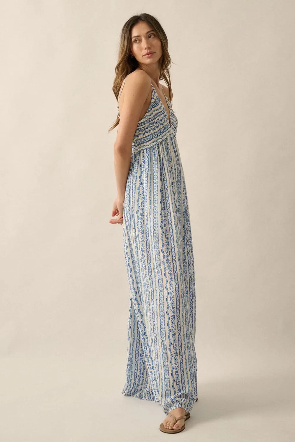 Mediterranean Breeze V Neck Wide Leg Jumpsuit