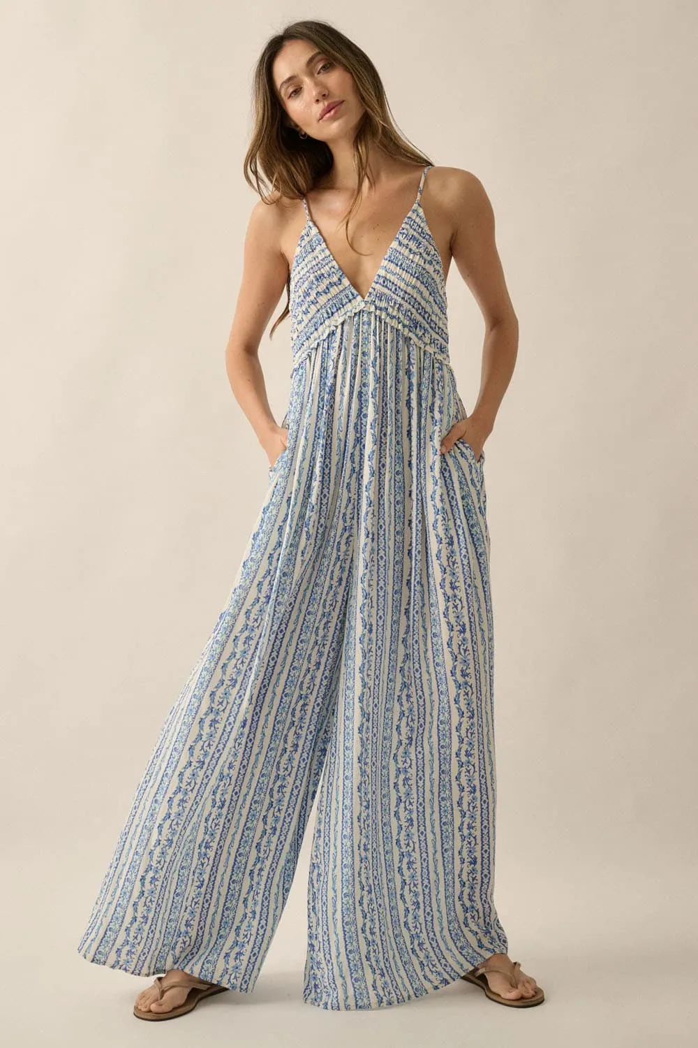 Mediterranean Breeze V Neck Wide Leg Jumpsuit
