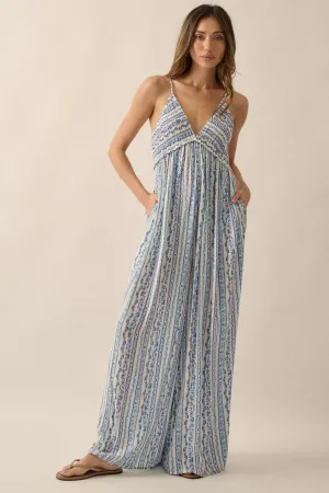 Mediterranean Breeze V Neck Wide Leg Jumpsuit