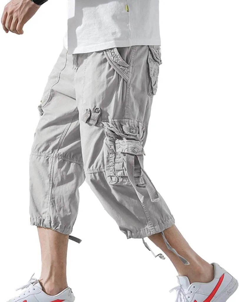 Mens Cargo Shorts 3/4 Relaxed Fit Below Knee Capri Cargo Pants Cotton