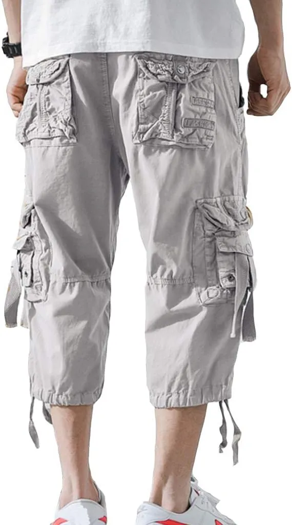 Mens Cargo Shorts 3/4 Relaxed Fit Below Knee Capri Cargo Pants Cotton