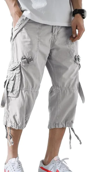 Mens Cargo Shorts 3/4 Relaxed Fit Below Knee Capri Cargo Pants Cotton