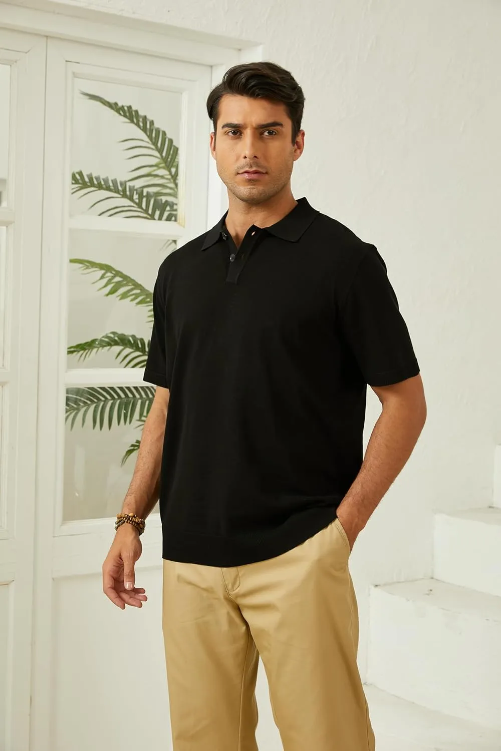 Mens Knit Polo Shirts Casual Short Sleeve Classic Button Polo T-Shirt Fashion Summer Collared Pullover Golf Shirt