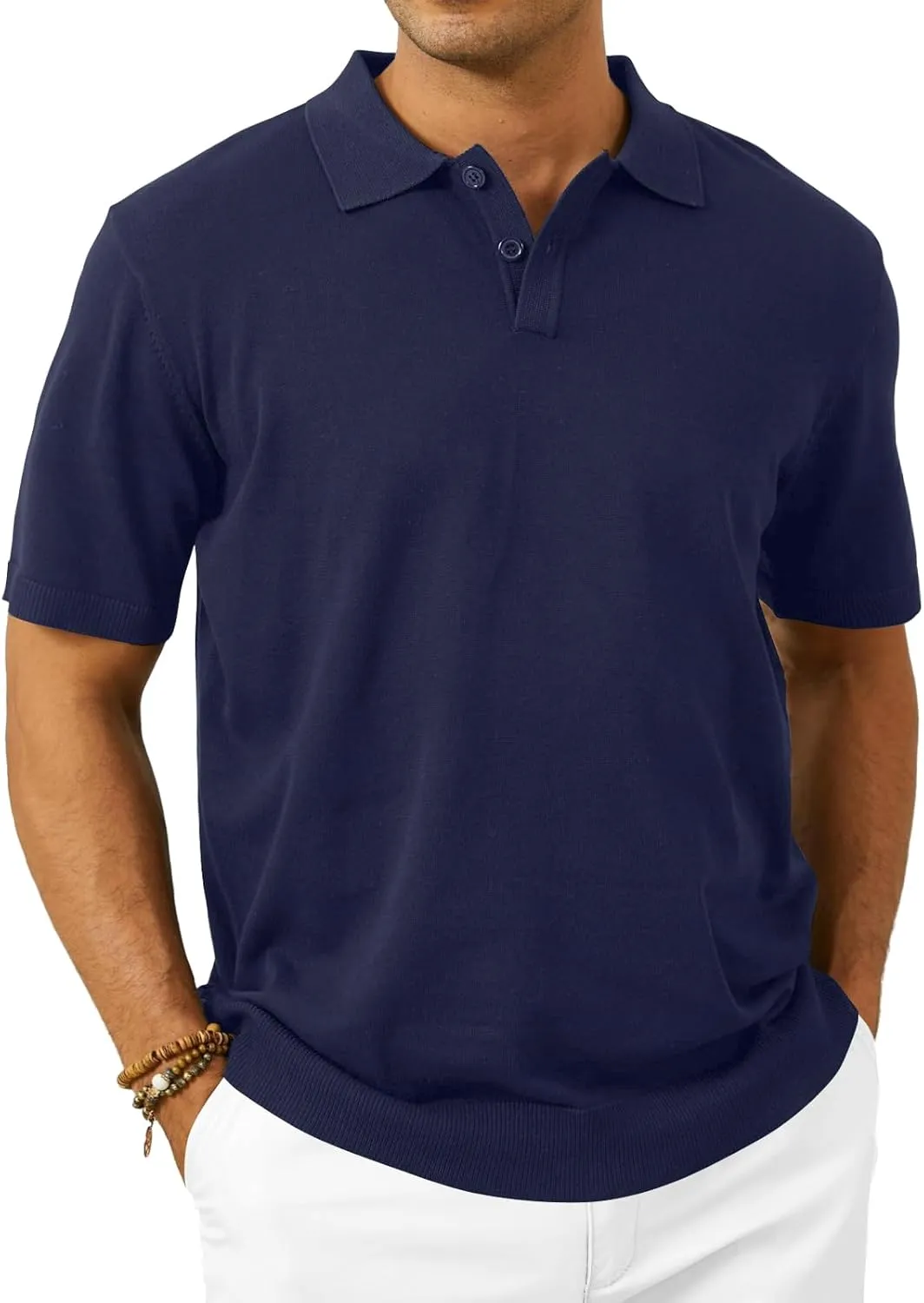 Mens Knit Polo Shirts Casual Short Sleeve Classic Button Polo T-Shirt Fashion Summer Collared Pullover Golf Shirt
