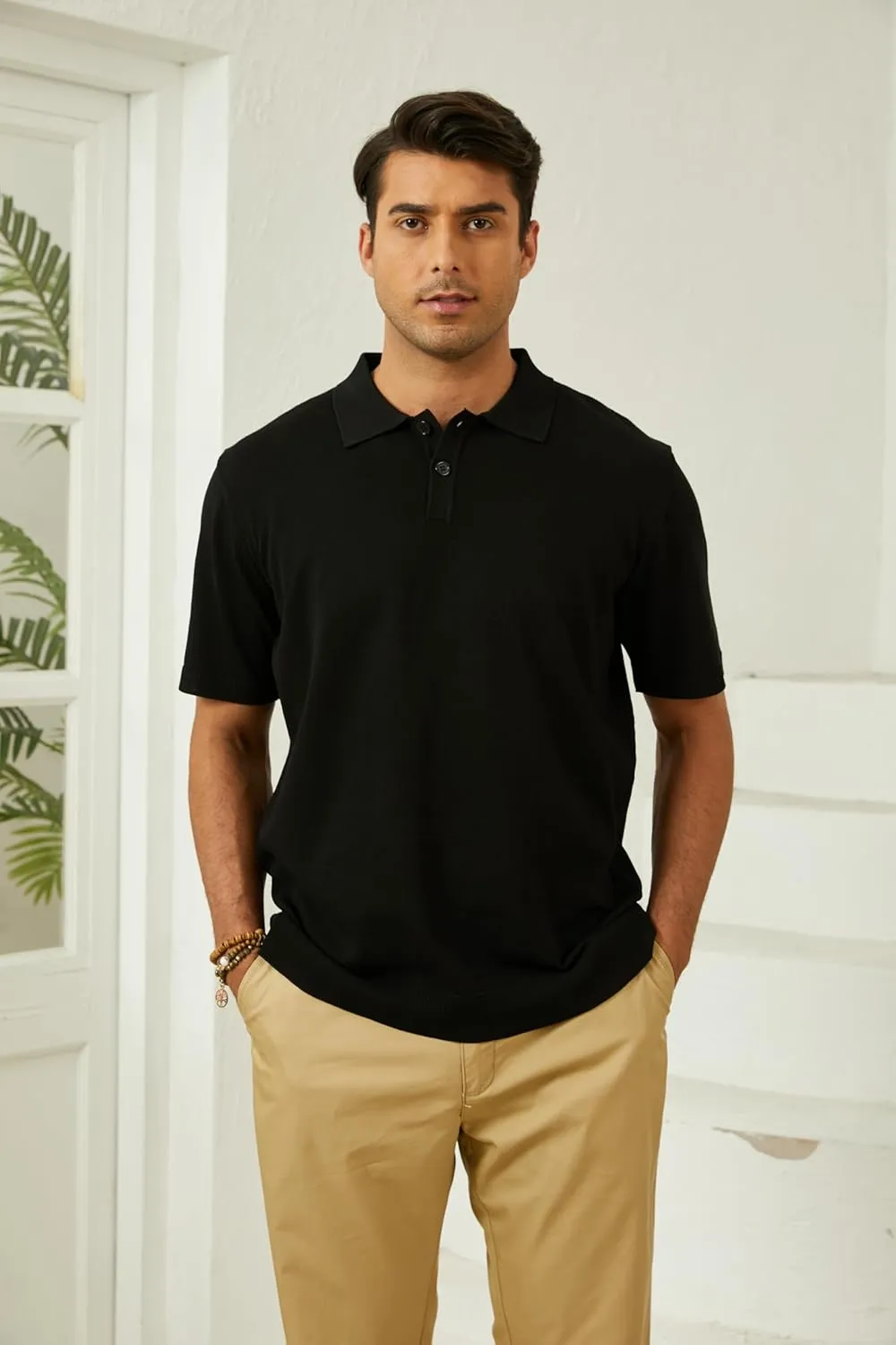 Mens Knit Polo Shirts Casual Short Sleeve Classic Button Polo T-Shirt Fashion Summer Collared Pullover Golf Shirt