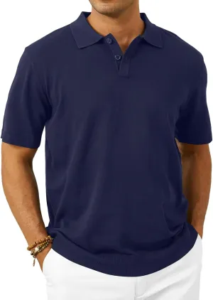Mens Knit Polo Shirts Casual Short Sleeve Classic Button Polo T-Shirt Fashion Summer Collared Pullover Golf Shirt