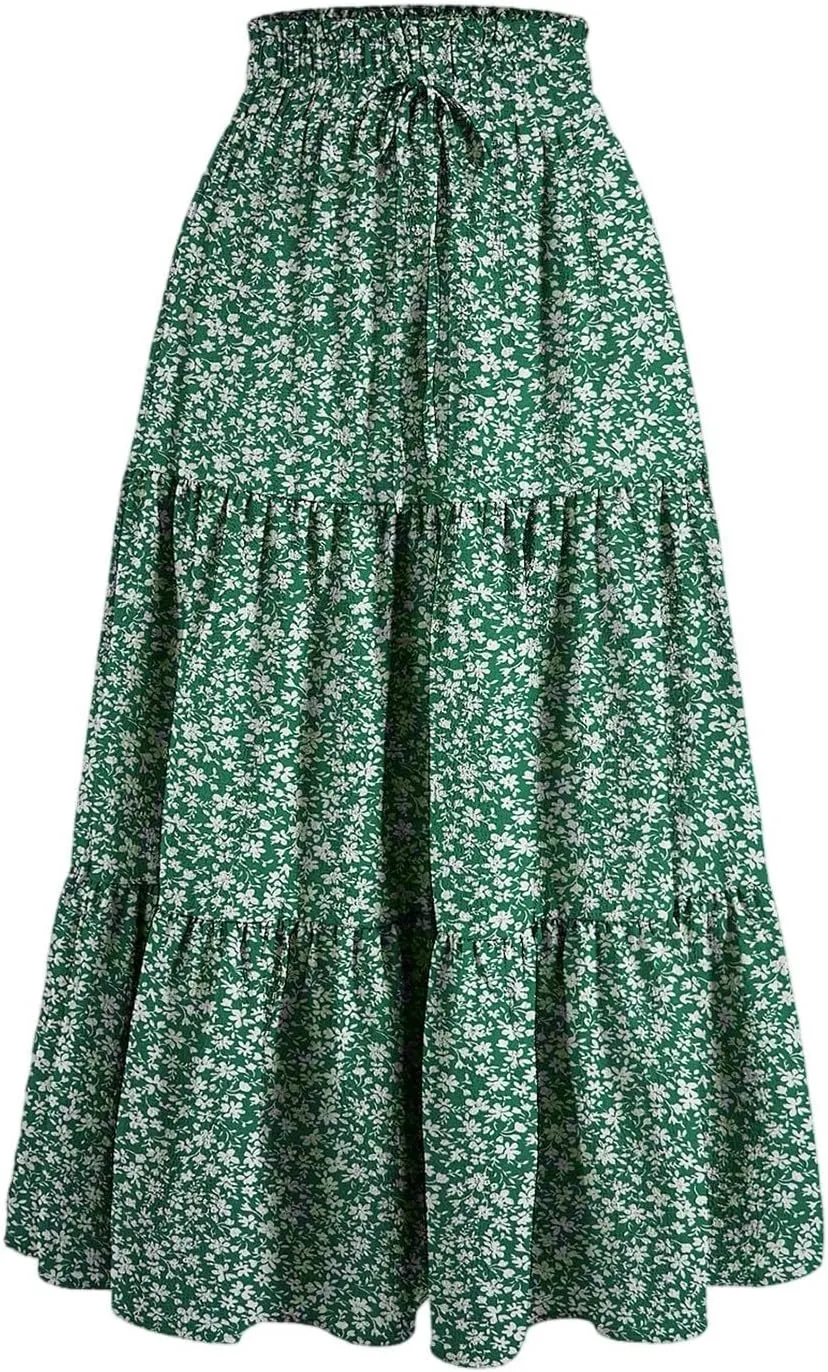 Midi Skirts for Women Summer Tiered Drawstring Elastic Waist Knee Length Skirts Pleated A Line Boho Solid Plain Skirts