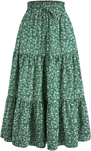 Midi Skirts for Women Summer Tiered Drawstring Elastic Waist Knee Length Skirts Pleated A Line Boho Solid Plain Skirts