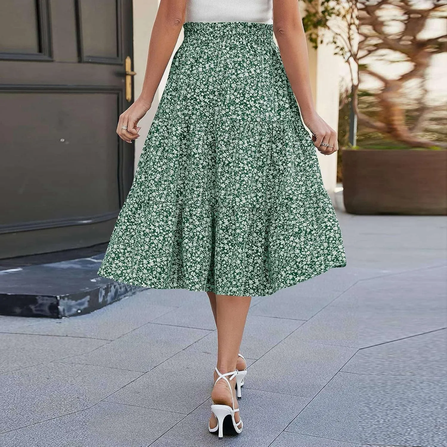 Midi Skirts for Women Summer Tiered Drawstring Elastic Waist Knee Length Skirts Pleated A Line Boho Solid Plain Skirts